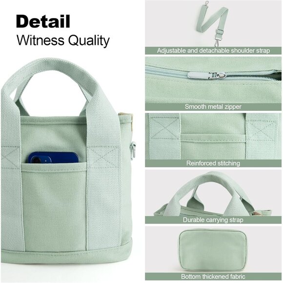 Women's Green Canvas Tote Bag With Multi Pockets Mini Shoulder Bags With Zipper - Picture 5 of 6